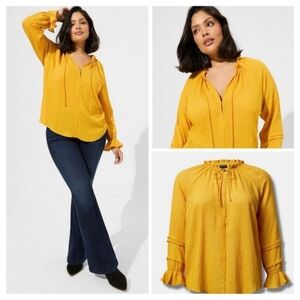 Torrid Yellow Stripe Gauze Front Tie Lace-Up Peasant Blouse Prairie Boho Size 3X